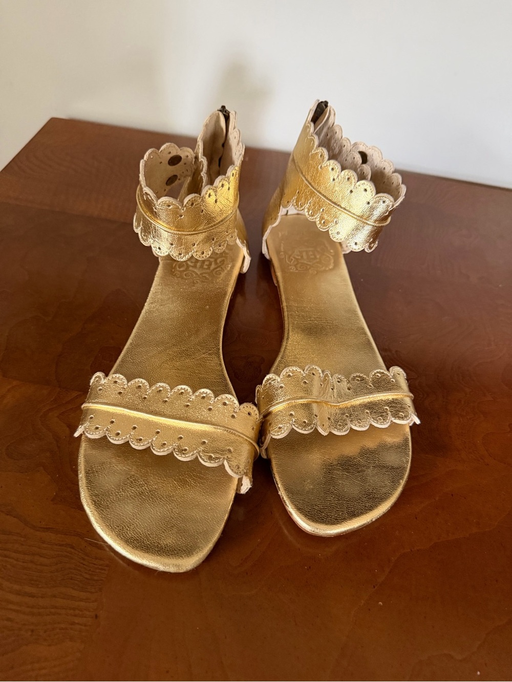 Scalloped Metallic Ankle-Strap Sandals in Gold